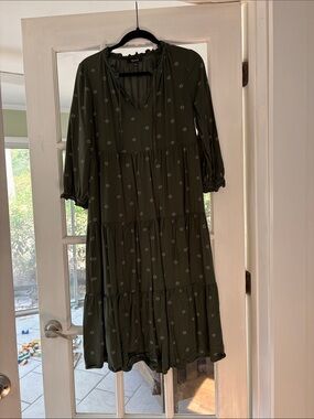 Madewell Olive Green Tiered Midi Dress with Tiny Dot Floral Print